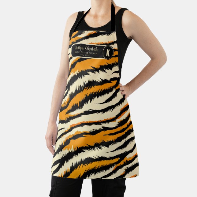 Black Orange Tiger Stripes Pattern Monogram Apron (Insitu)