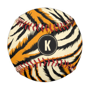 Black Orange Tiger Stripes Pattern Monogram Baseball