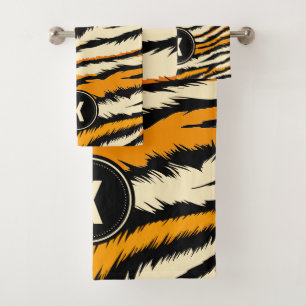 Black Orange Tiger Stripes Pattern Monogram Bath Towel Set