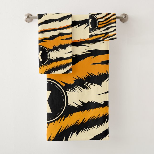 Black Orange Tiger Stripes Pattern Monogram Bath Towel Set (Insitu)