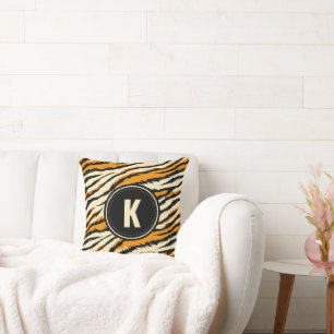 Black Orange Tiger Stripes Pattern Monogram Cushion