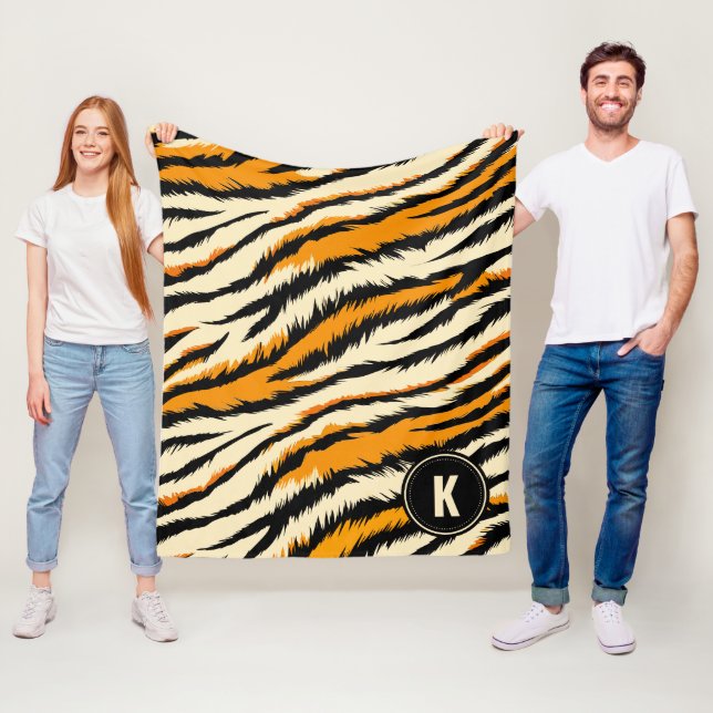 Black Orange Tiger Stripes Pattern Monogram Fleece Blanket (In Situ)