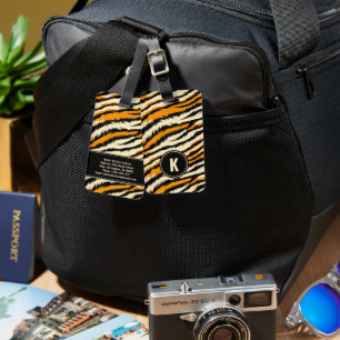 Black Orange Tiger Stripes Pattern Monogram Luggage Tag