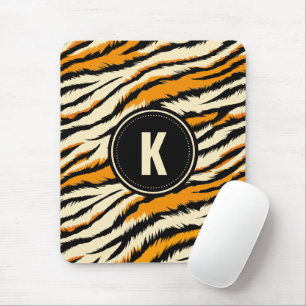 Black Orange Tiger Stripes Pattern Monogram Mouse Pad