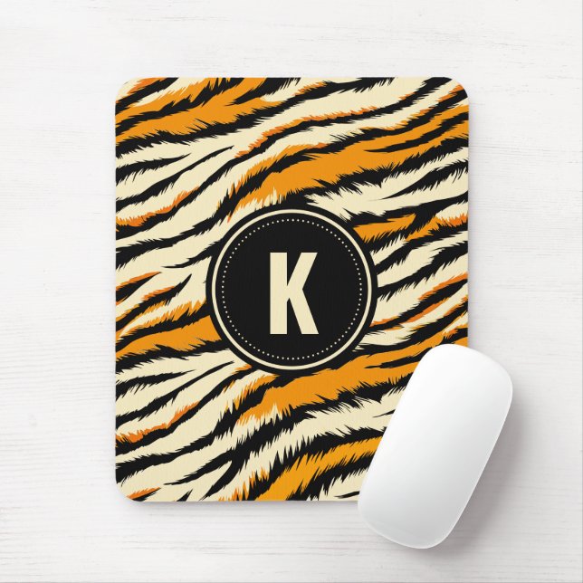 Black Orange Tiger Stripes Pattern Monogram Mouse Pad (With Mouse)