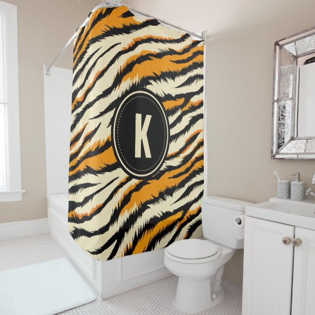 Black Orange Tiger Stripes Pattern Monogram Shower Curtain (In Situ)