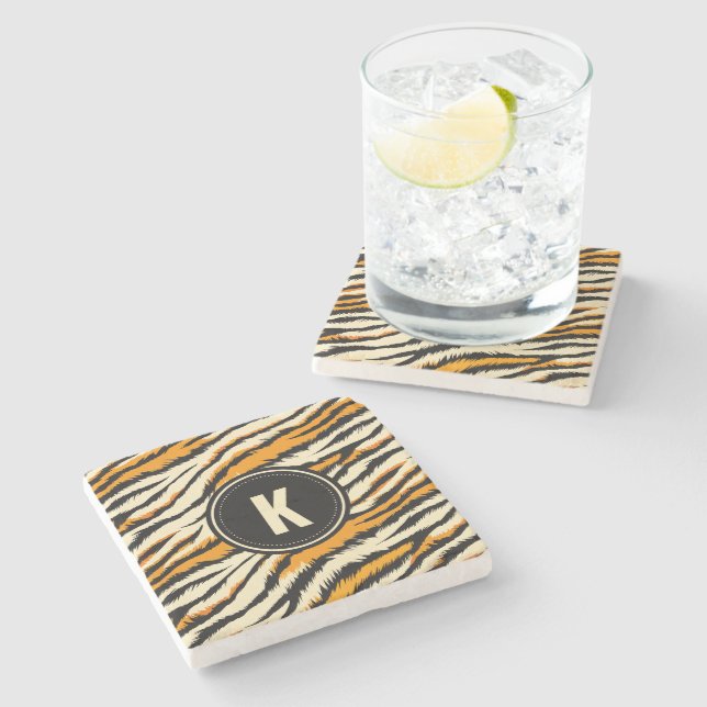 Black Orange Tiger Stripes Pattern Monogram Stone Coaster (Side)
