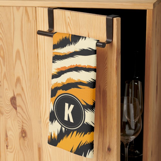 Black Orange Tiger Stripes Pattern Monogram Tea Towel (Thirds Fold)