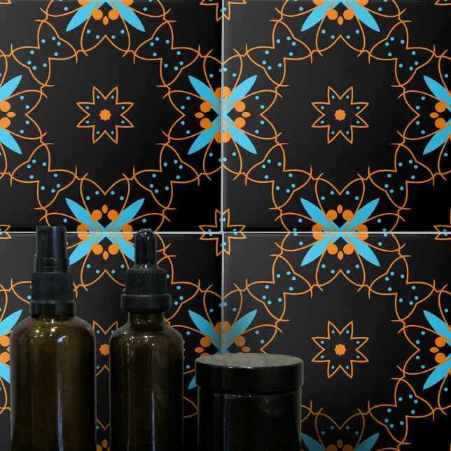 Black Orange Turquoise Arabesque Mosaic Pattern Ceramic Tile (Creator Uploaded)
