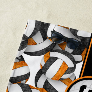 Black orange volleyball pattern her jersey number  beach towel