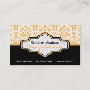 Black orange white damask interiors business card