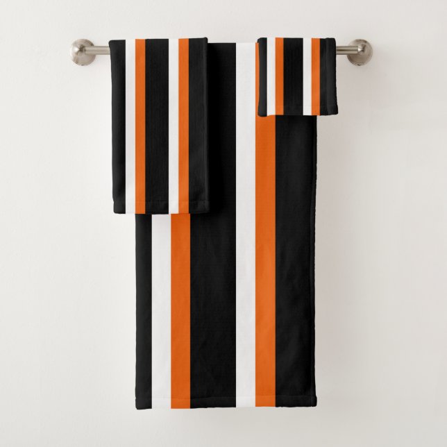 Black Orange White Striped Bath Towel Set (Insitu)