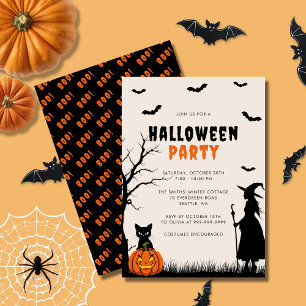 Black Orange Witch Pumpkin Adult Halloween Party Invitation