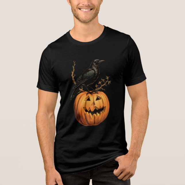 Black orange yellow Halloween pumpkin bird T-Shirt Tri-Blend Shirt (Front)