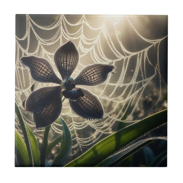 Black Orchid Spiderweb Floral Ceramic Tile (Front)