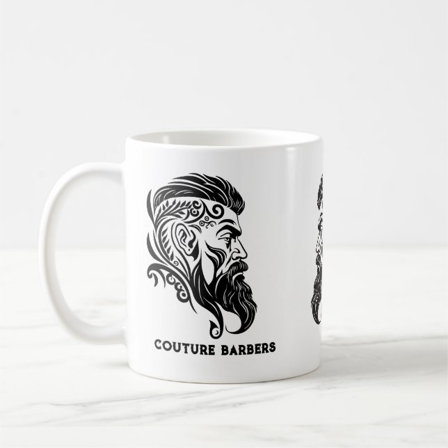 Black ornamental abstract barber logo coffee mug (Left)