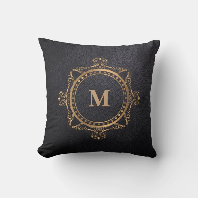 Black ornamental mandala Luxury monogram Cushion (Front)