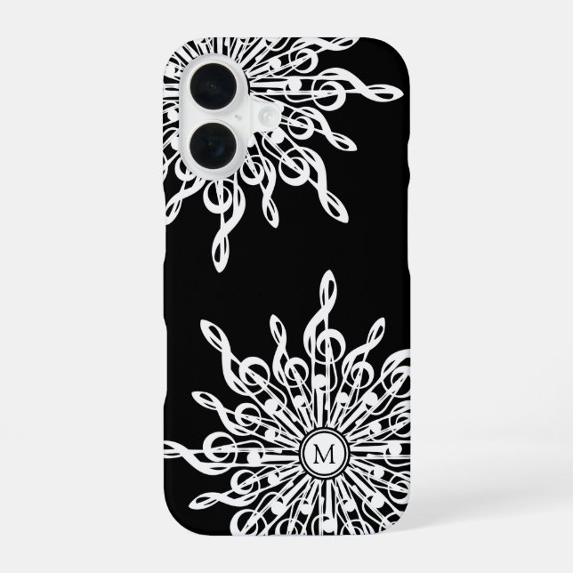 Black Ornamental Treble Clef Monogram iPhone 16 Case (Back)
