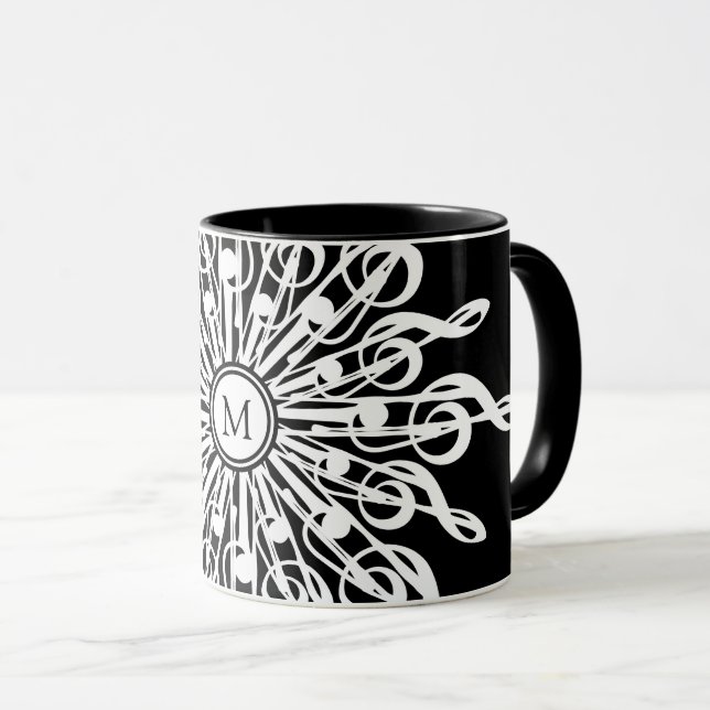 Black Ornamental Treble Clef Monogram Mug (Front Right)