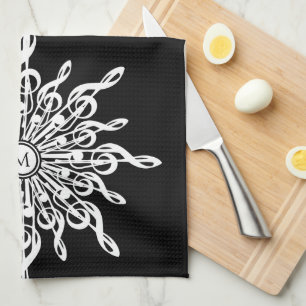 Black Ornamental Treble Clef Monogram Tea Towel
