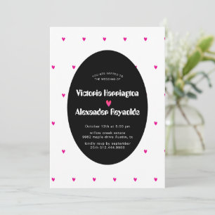Black Oval Wedding Invitation with Pink Hearts