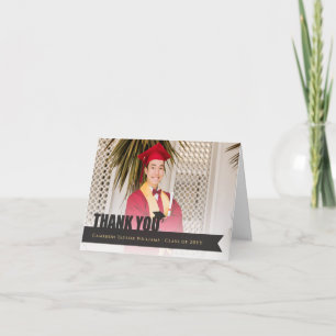 Black Overlay Ribbon Graduation Cap Modern Photo Thank You Card