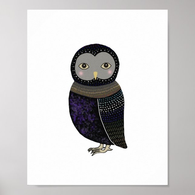 Black Owl Blue Feather Poster by MiKa Art (Front)