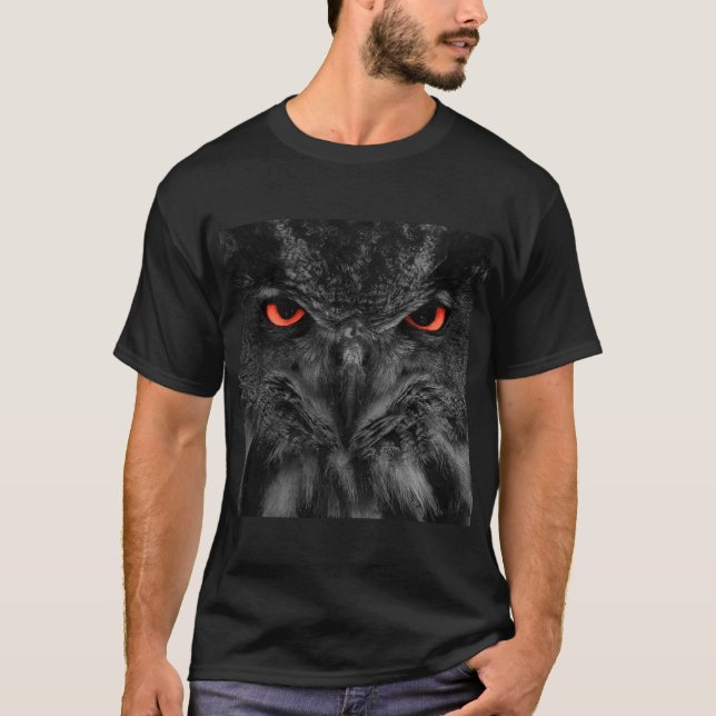 Black owl face with red eyes on men's dark tshirt (Front)