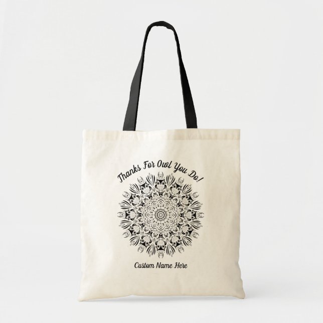 Black owl mandala teacher appreciation thank you tote bag (Front)
