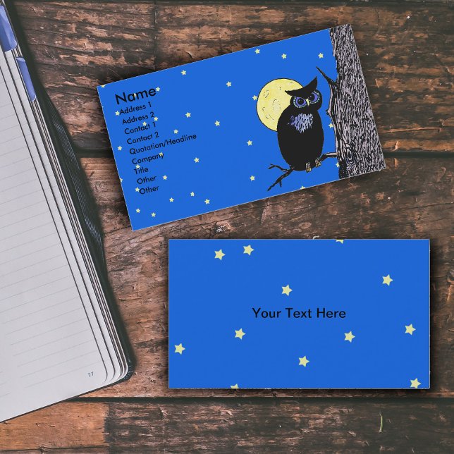 Black Owl Tree Moon Stars Business Card (Black owl in tree yellow full moon stars in blue night sky on business cards.)