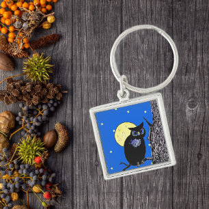 Black Owl Tree Moon Stars Key Ring