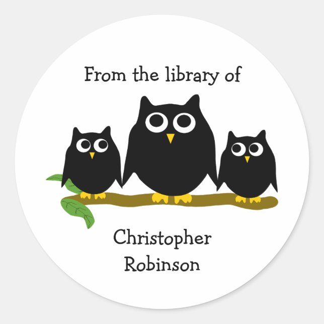 Black Owls Design Bookplate Classic Round Sticker (Front)
