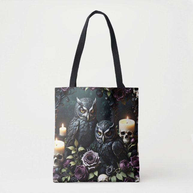 Black Owls Skull and Candles Tote Bag (Front)