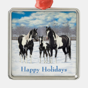 Black Paint Horses In Snow Metal Ornament