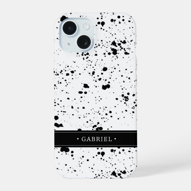 Black Paint Splatter Pattern | Add Your Name iPhone 15 Case (Back)