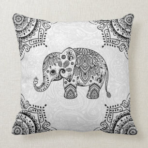 Black Paisley Elephant Illustration Cushion
