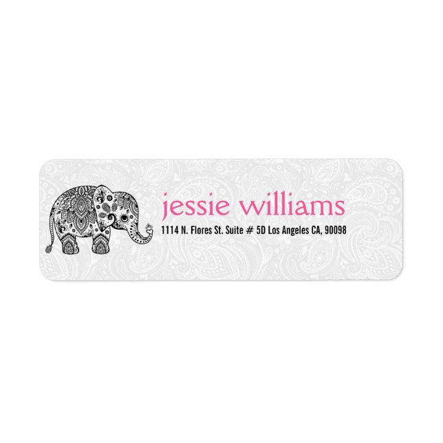 Black Paisley Elephant Illustration Return Address Label (Front)