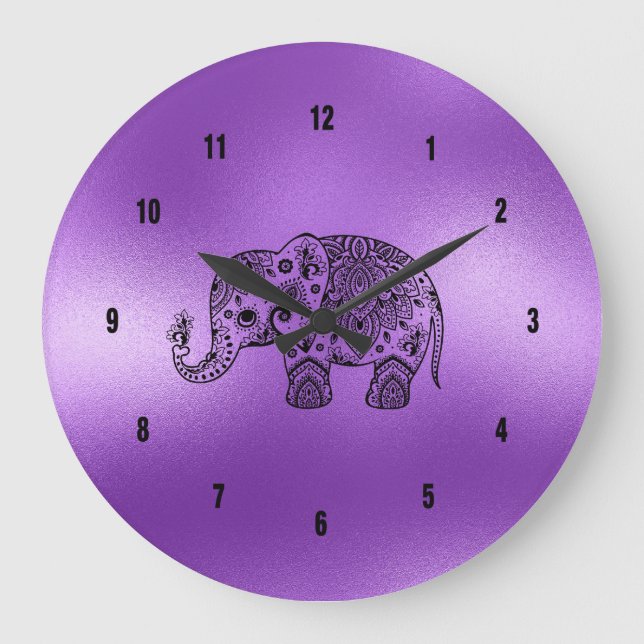 Black Paisley Elephant Shiny Purple Background Large Clock (Front)