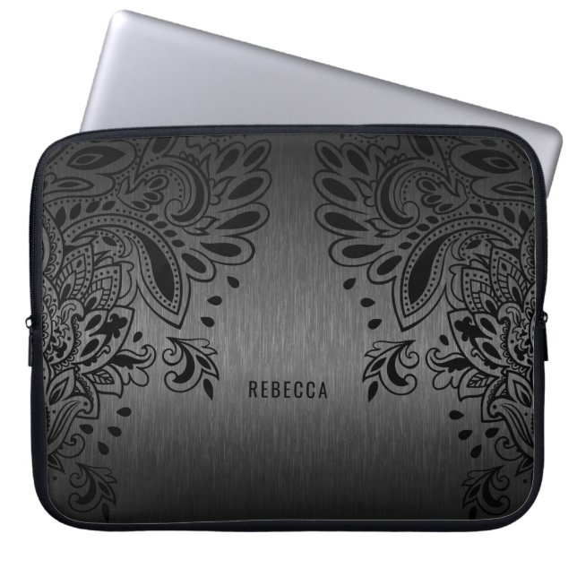 Black paisley lace and black metallic background laptop sleeve (Front)