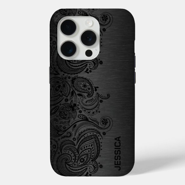 Black paisley lace Grey metallic background Case-Mate iPhone Case (Back)