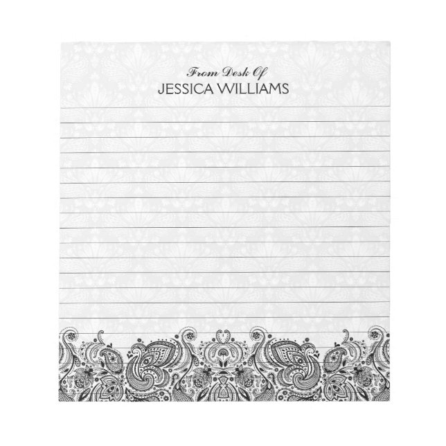 Black Paisley Lace White Damasks Background Notepad (Front)