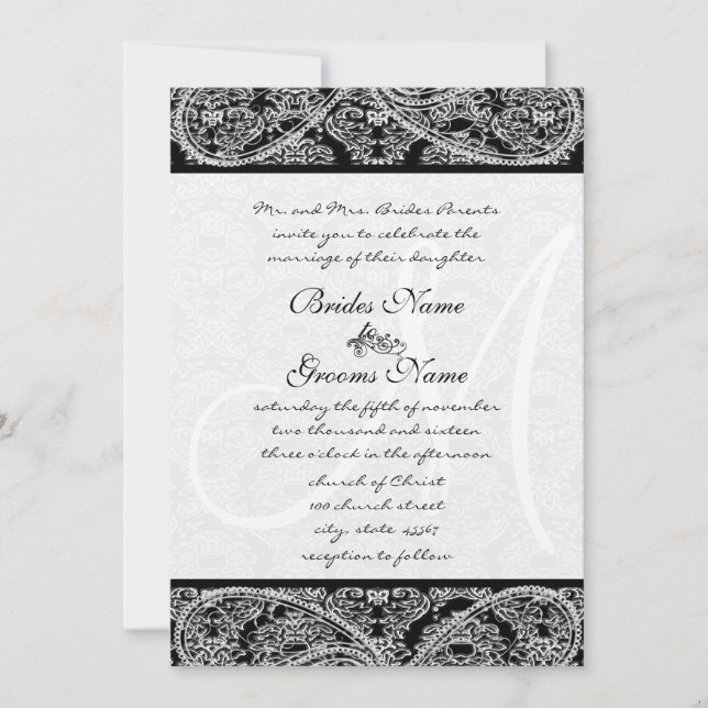 Black Paisley Monogram Damask Wedding Invitation (Front)