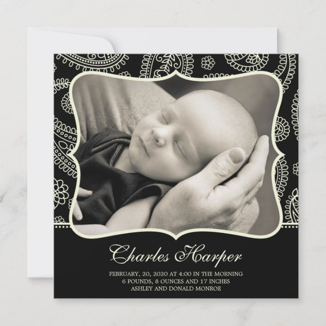 Black Paisley Western Birth Announcements (Front)