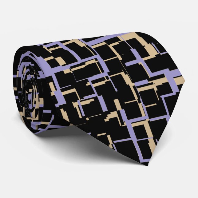 Black Pale Purple Tan Light Yellow Pattern Tie (Rolled)