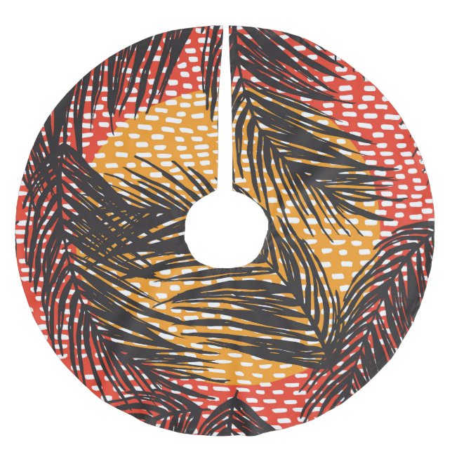 Black palm leaves, seamless strokes brushed polyester tree skirt (Front)