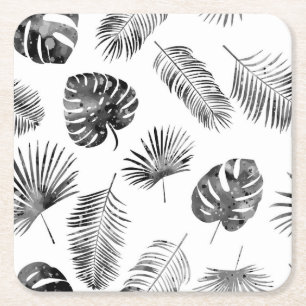 Black palm leaves: vintage seamless. square paper coaster