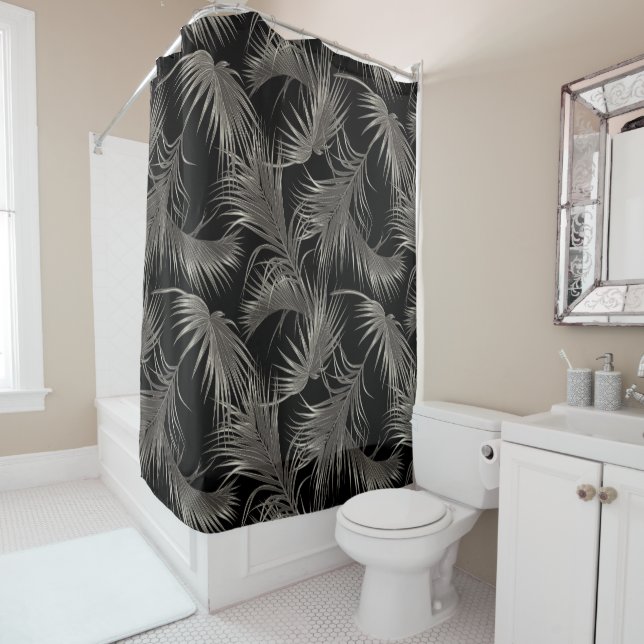 Black Palm Luxe Look Tropical Pattern Shower Curtain (In Situ)