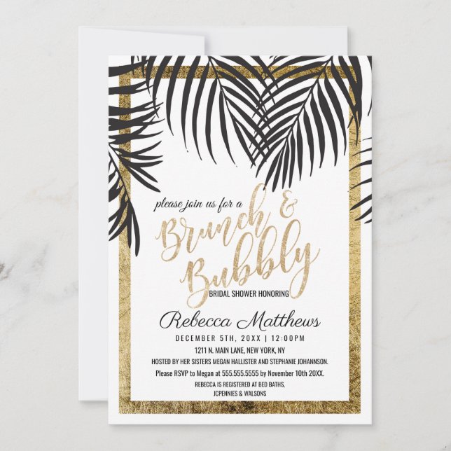 Black Palm Tree Fronds Gold Border Brunch Bubbly Invitation (Front)