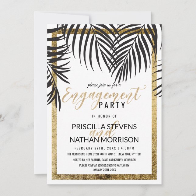 Black Palm Tree Fronds Gold Border Engagement Invitation (Front)