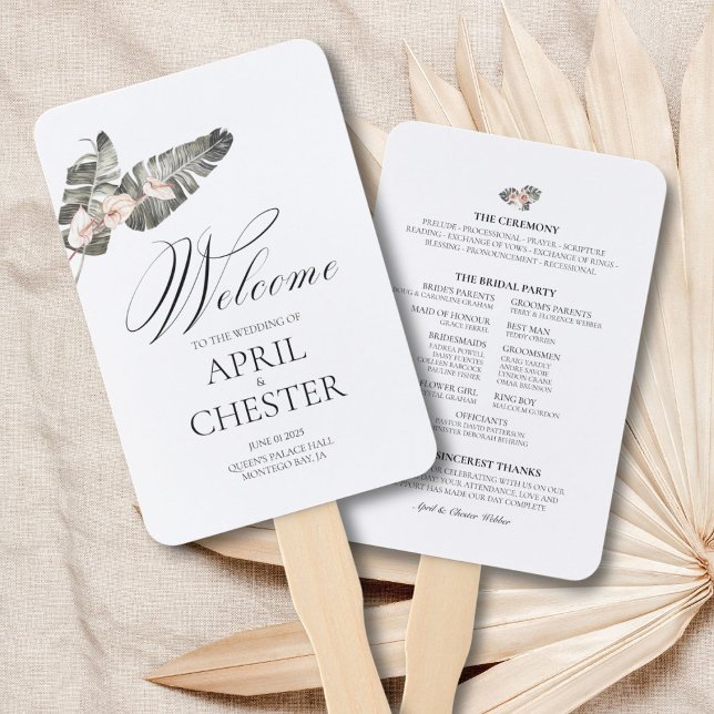 Black Palm Tropical Wedding Fan Program (This fan program is the perfect touch to any outdoor destination event.)